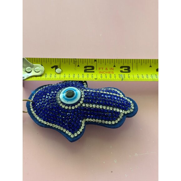 Hamsa Evil Eye Rhinestone Keychain With Tassel & Gold Tone Clip Blue & Gold Colo - Picture 3 of 4